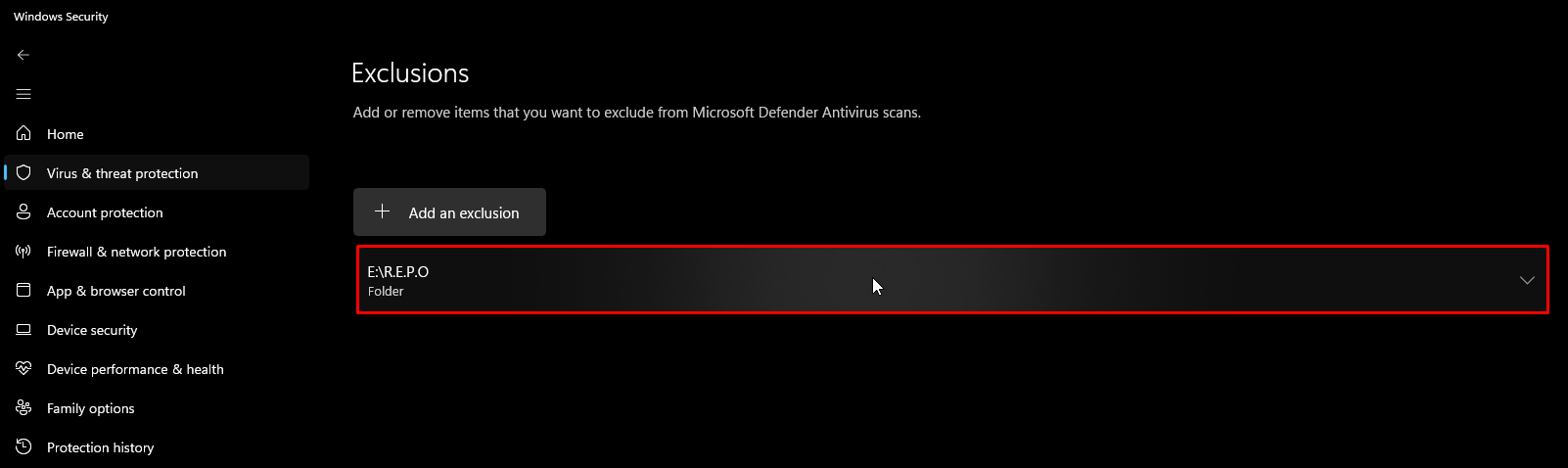 Folder excluded