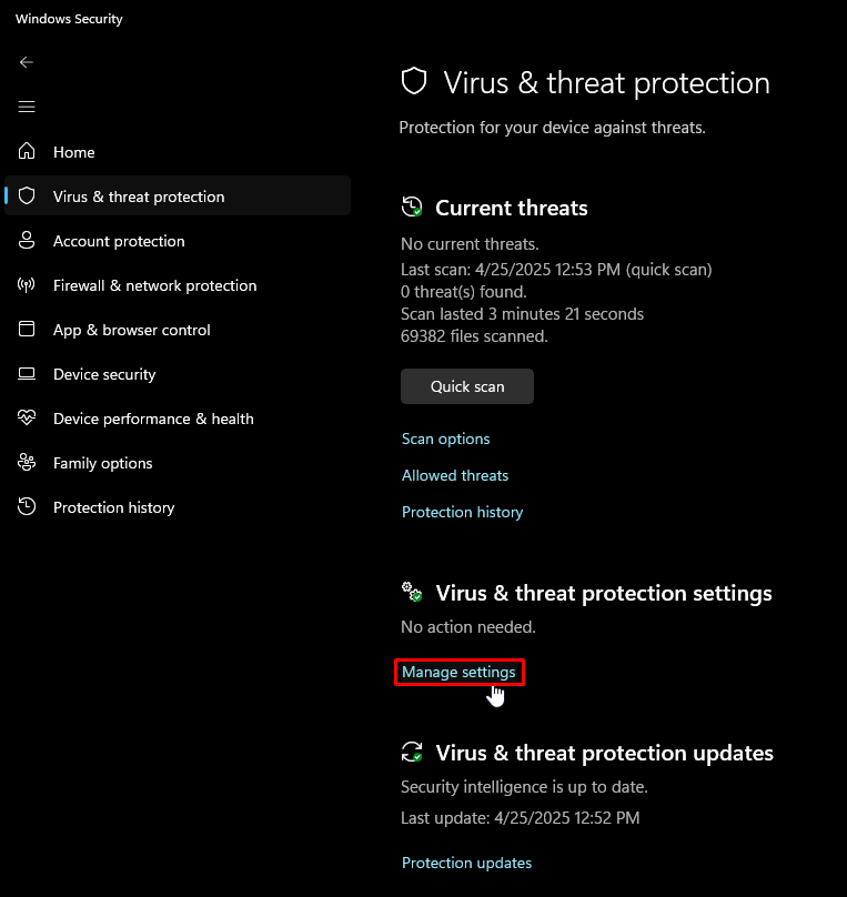 Manage settings