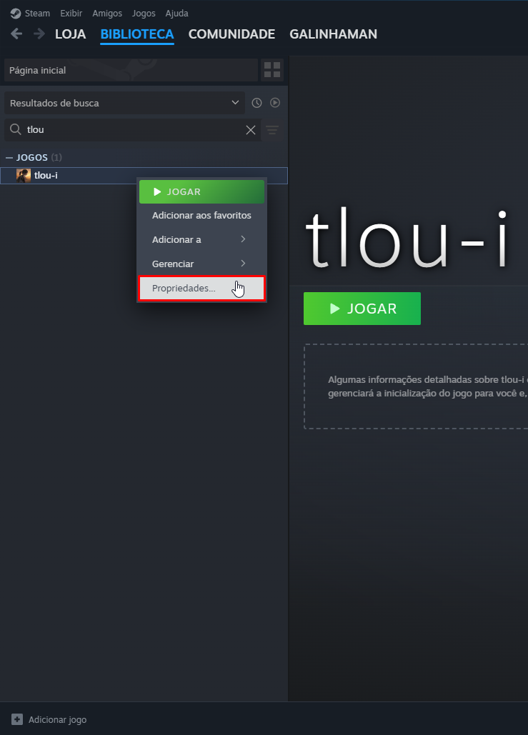 Propriedades jogo não Steam